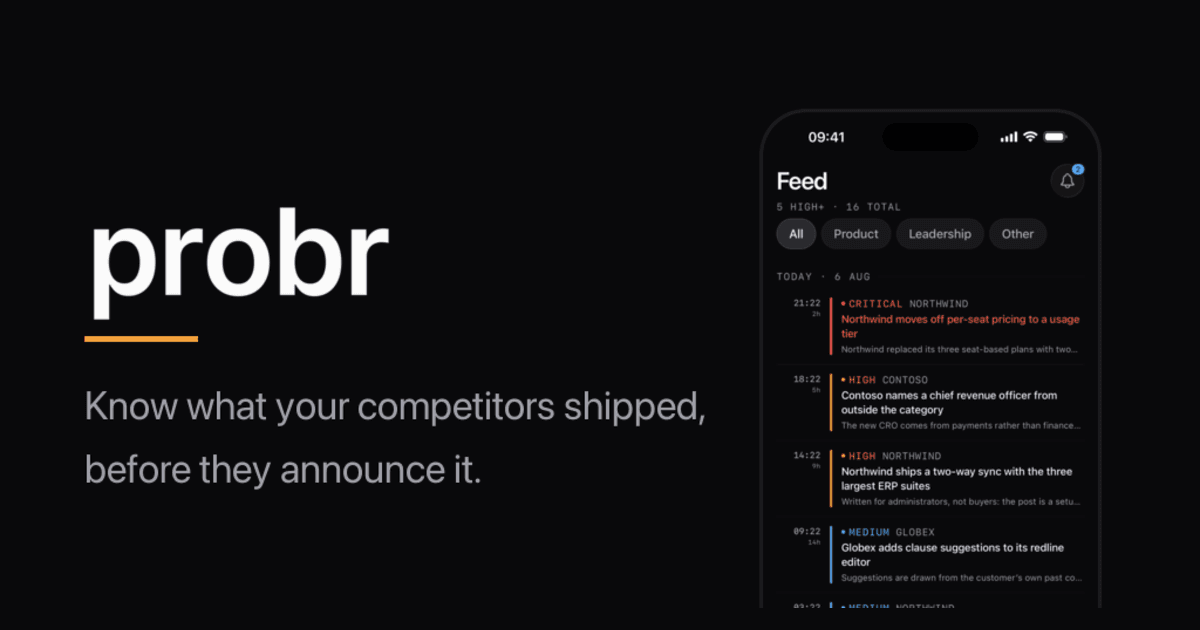 probr on iPhone, showing a feed of competitor signals ranked by importance.